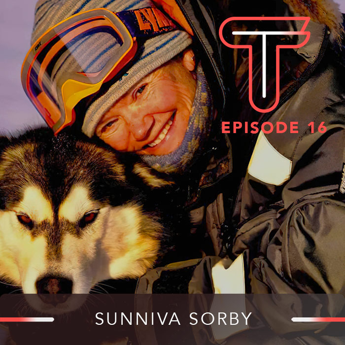 Photo of Sunniva Sorby in winter gear hugging a sled dog in the high Arctic, with the Titans as Teens logo, and text - Episode 16
